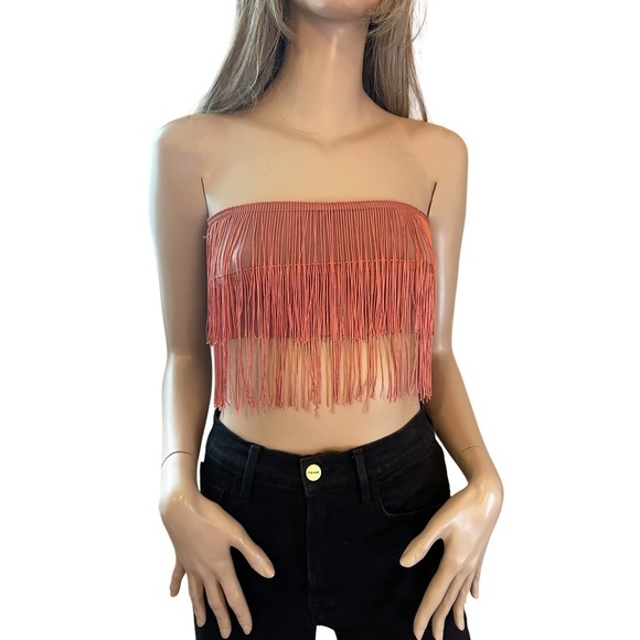 PLT Fringe Tassel Bandeau Crop Top Dusty Pink Sexy Club Wear Made in UK - Picture 4 of 12
